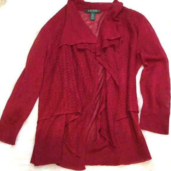 Ralph Lauren Burgundy Linen Knit Waterfall Cardigan Small - Picture 5 of 7